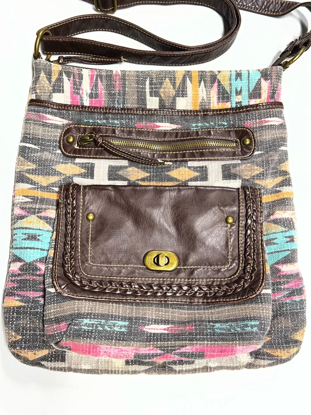Maurices Boho Aztec Crossbody Bag Brown Faux Leather Geometric Purse